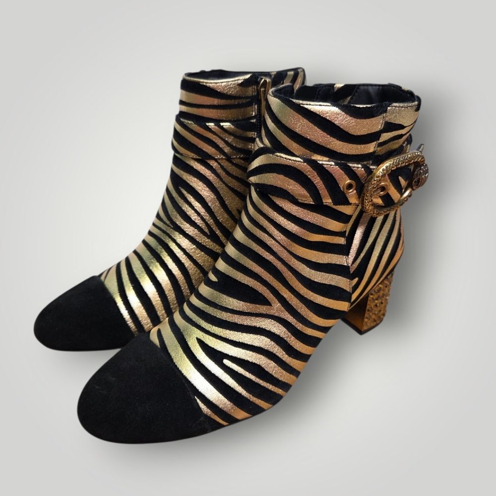 Kurt Geiger Mayfair Zebra Metallic Gold Black Block Heel Ankle Boots Size 35.5